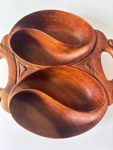 Handcrafted Wooden Divided Serving Bowl with Handles, 3-Compartment Snack Tray, Rustic Carved Wood Fruit Nut Dish for Kitchen Counter Dining Table Party, Brown