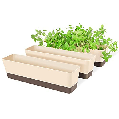 Suream Window Box Herb Planters, 3 Pack 16 x3.8 Inch Indoor Rectangle Succulent Cactus Plant Pots with Saucer, Modern Plastic Flower Container for Windowsill, Garden Balcony, Home Office Outdoor Decor - size: 3pcs/16x3.8in