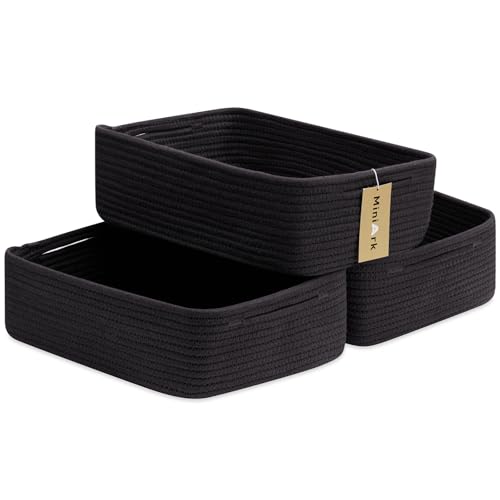 MiniArk Large Shallow Organizing Baskets 15x11x5.1 Inches - Rope Woven Storage Bins for Bathroom, Shelves, Cube Closet, Black 3 Packs - color: Black, size: 3pcs-L15×W11×H5.1"