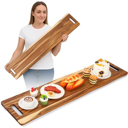 Large Charcuterie Board with Handles 48 x 12 Inch Rectangular Wood Serving Board Acacia Serving Tray Long Cheese Platter for Meat Food Party Appetizers Fruits Display Kitchen Outdoor Use