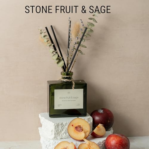 Craft & Kin Reed Diffuser with Dried Flowers | 5 oz Stone Fruit & Sage Scented Holiday Reed Diffusers for Home, Bathroom | Scent Sticks | Elegant Fragrance Home Decor for Men & Women - size: 5 oz