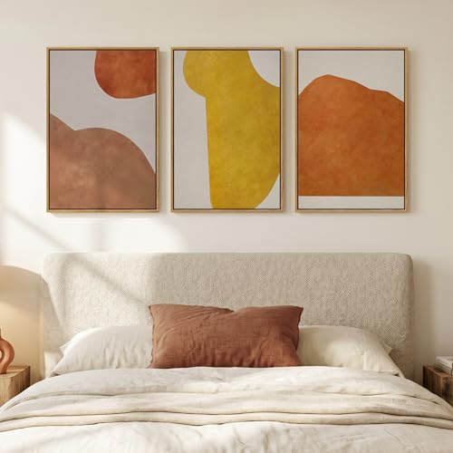 Framed Abstract Orange Wall Art Bedroom, 3 Piece Mid Century Modern Minimalist Yellow Canvas Artwork for Walls, Large Geometric Boho Neutral Pictures Prints Wall Decor Living Room Office, 16x24 Inch - color: Orange and Yellow, size: 16" W x 24" H x 3Pcs