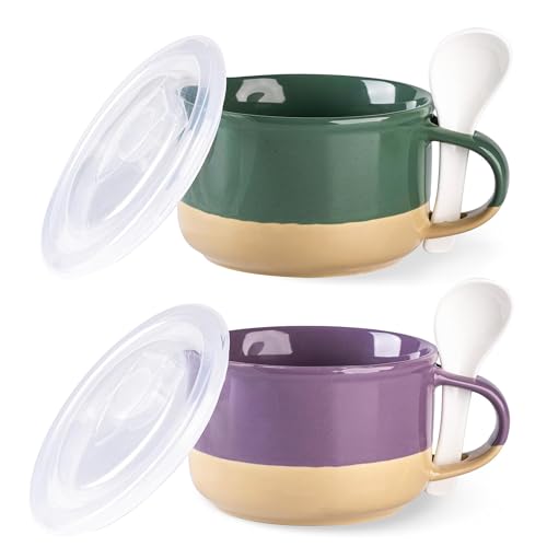 GBhome Ceramic Soup Mugs with Handles and Lids,24 OZ Soup Cups Set of 2 | Terracotta Underside,Mug Bowls with Spoon for Soup/Cereal/Salad/Noodles/Ramen/Microware &Dishwasher Safe-Green&Purple - color: Green&Purple