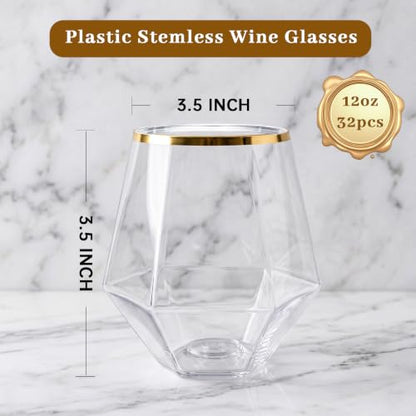 32Pcs Gold Plastic Stemless Wine Glasses, 12Oz Disposable Glasses(Diamond) | Clear Plastic Whiskey Glasses with Gold Rim,Unbreakable Cups for Party Bars, Wedding,Tasting,Birthday Party - color: Gold, size: 32 Count