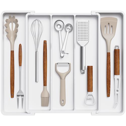 Lifewit Utensil Organizer for Kitchen Drawers, Expandable Utensil Tray | Adjustable Cooking Cutlery Silverware Flatware Holder, Plastic Spatula Tools Storage Divider, 11-18 x 14", White - color: White, size: Medium(11-18''W x 14''D)