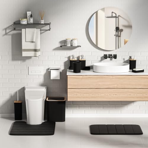 XLHOMO Bathroom Set - 25PC Black Bathroom Set with Shower Curtain and Rugs, Bathroom Accessories Set, Black Shower Curtain Set with Bathroom Trash Can - size: Bath Set+Shower Curtain+Rugs, style: Black