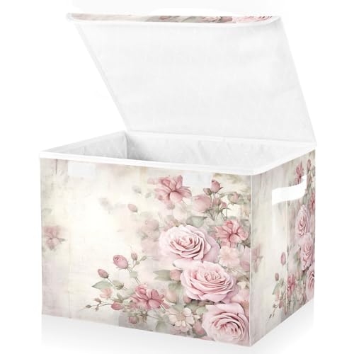 senya Flower Baskets Collapsible Storage Bins with Lids, Vintage Pink Rose Storage Boxes Clothes Baskets for Organizing, B06D22020 - color: Rose