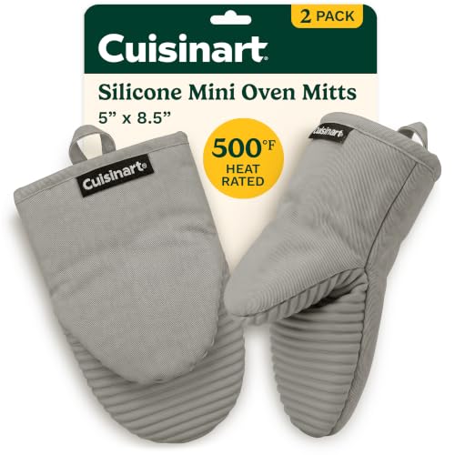 Cuisinart Mini Oven Mitts, 2-Pack 5"x8.5", Heat Resistant 500F | Compact pot holder for baking, air fryer, and cookware, silicone non-slip grip, hanging loop, fits either hand, wipes clean - color: Gray