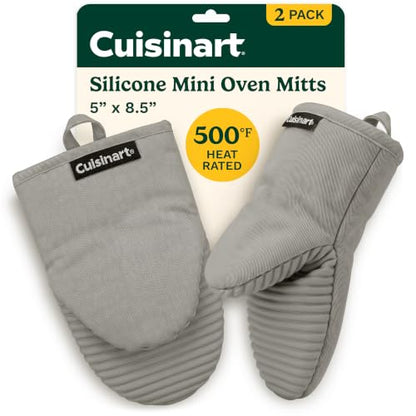 Cuisinart Mini Oven Mitts, 2-Pack 5"x8.5", Heat Resistant 500F | Compact pot holder for baking, air fryer, and cookware, silicone non-slip grip, hanging loop, fits either hand, wipes clean - color: Gray