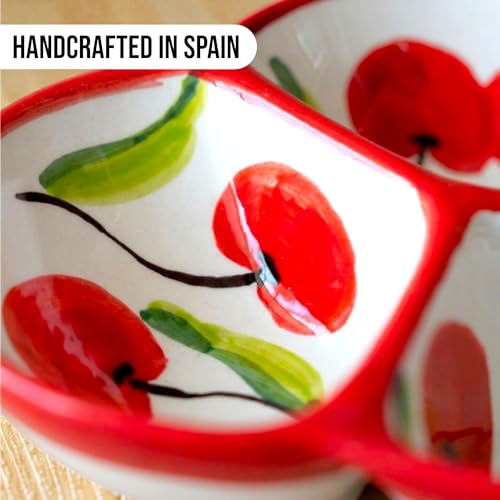 3-Compartment Ceramic Serving Dish, Handmade in Spain | 7.5” divided chip and dip bowl with lead-free glaze, microwave, oven and dishwasher safe, ideal for tapas, snacks and sauces - color: Cherry Bliss