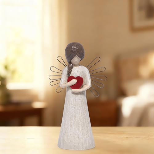 Hodao Angel Figurine with Red Heart, 5.1" Resin Wood-Carved Look with Metal Wire Wings, Hand-Painted Indoor Home Decorations, Spiritual Holiday Decor Ornaments, Gift-Ready Box - style: Z-holding heart-small