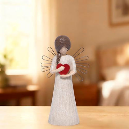 Hodao Angel Figurine with Red Heart, 5.1" Resin Wood-Carved Look with Metal Wire Wings, Hand-Painted Indoor Home Decorations, Spiritual Holiday Decor Ornaments, Gift-Ready Box - style: Z-holding heart-small