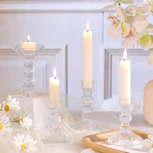 6Pcs Clear Candlestick Holders Set - 4" H & 5" H Striped Taper Candle Holders Bulk, Glass Candle Holders for Wedding, Festival, Party, Table Centerpiece, Gifts - color: Clear, size: Striped Pattern