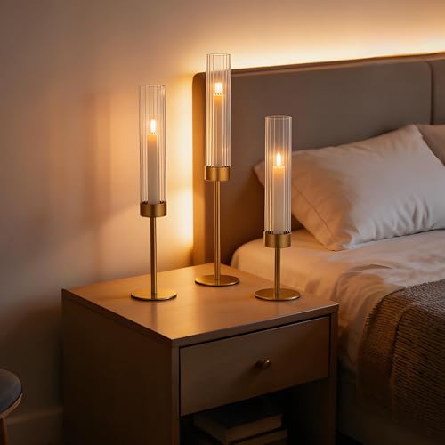 Garvee Gold Hurricane Candle Holders Set of 6, Taper Candlestick Holders with Ribbed Glass Cylinder Sleeves, Elegant Table Centerpiece for Wedding, Birthday, Christmas, Home Decor - size: 6