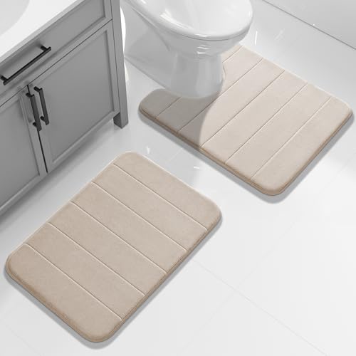 Yimobra U-Shaped Toilet Bath Mat Set 2 Piece - Super Soft Absorbent Quick Dry Memory Foam Bathroom Rugs, Machine Washable Non Slip Floor Carpet for Tub Shower & Single Sink (17x24 & 24x20, Beige) - color: Beige, size: 24x17+24x20 Inch