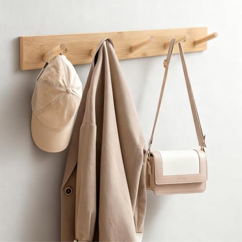 2-Pack 15" Heavy Duty Wooden Coat Rack, Wall Mount with 5 Hooks | Natural bamboo. 5 hooks for coats, hats, bags & towels. For entryway, bedroom & doors. Holds 20lb. Hardware included.