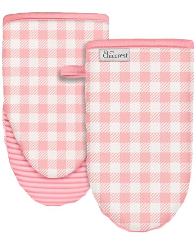 100% Thick Cotton Oven Mitts Ribbed Soft Silicone Pink Gingham | Aesthetic Oven Mitts for Women, Machine Washable Non-Slip Kitchen Mitts, Reversible for Both Hands, Stylish Kitchen Decor - color: Plaid Pink