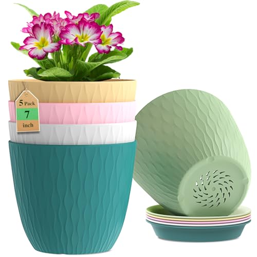 WSMKSZ 7 inch Plant Pots, 5 Pack Flower Pots with Drainage Holes and Saucers for Indoor Plants, Plastic Planters with Water Ripple for Small Garden House Plants, Nursery Pots for Succulent, Colorful - color: Colorful, size: 7inch 5pcs