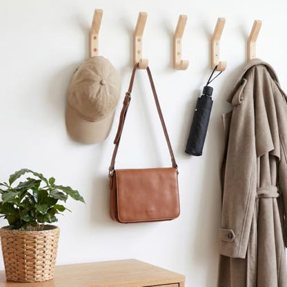 8 Pack Wooden Coat Hooks for Wall, Natural Oak Wood Wall Hooks, Heavy Duty Hat Hanger Hook, J-Shape Double Pegs for Hanging Coats, Towels, Bags, Scarves, Rustic Farmhouse Decor