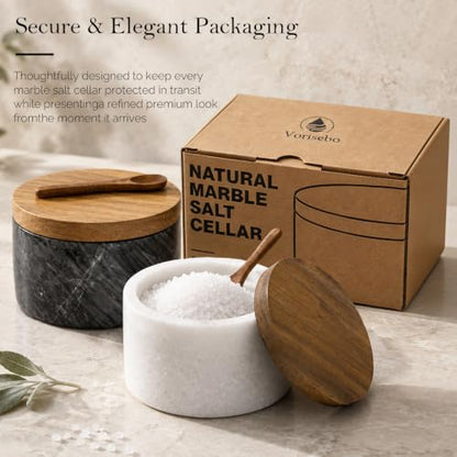 Marble Salt Cellar with Lid & Spoon, Salt Container White & Grey | Acacia Wood Lid, Wide Base with Non-Skid Feet, Moisture Proof Spice Cellars Keeps Salt, Pepper & Spices Dry, 6 oz - color: White & Grey