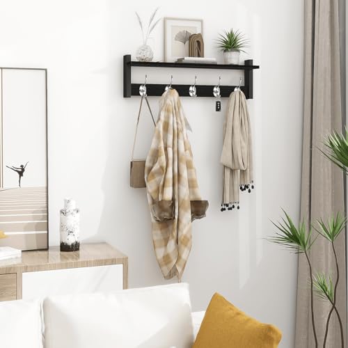 Coat Rack Wall Mount with Shelf, 24" Long Entryway Shelf with Hooks Underneath, Wooden Coat Hanger for Hanging Hats, Bathroom Towels, Clothes, Black - color: Black, size: 24 Inch Long