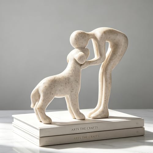 Abstract Person and Dog Head-to-Head Figurine Sandstone | abstract sculpture celebrating the bond between person and pet. Intimate head-to-head Touching memory keepsake for dog lovers - color: Sandstone