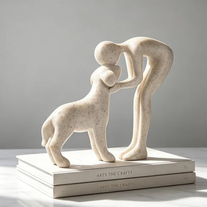 Abstract Person and Dog Head-to-Head Figurine Sandstone | abstract sculpture celebrating the bond between person and pet. Intimate head-to-head Touching memory keepsake for dog lovers - color: Sandstone
