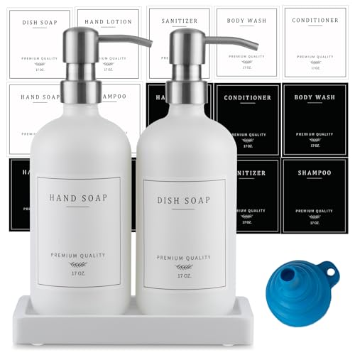 Thick Glass Soap Dispenser - Kitchen Dish Hand Soap Dispenser Set, Rustproof Pump Soap Lotion Dispenser Bathroom with Tray,14 Stickers for Kitchen Decor White Bottle/Silver Pump - color: White Bottle/Brushed Silver Pump + Tray + Funnel