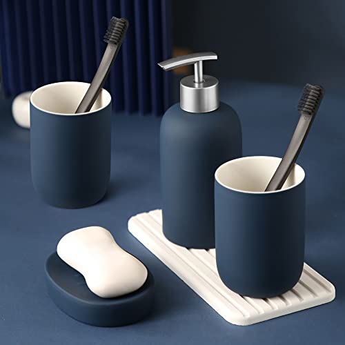 DUFU Blue Bathroom Accessory Set, 4 Pieces, Ceramic | Bathroom Decor, Soap Dispenser, Soap Dish, 2 Tumbler