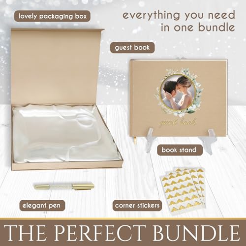 5 Pieces, Wedding Guest Book, Linen Luxury Guest Book, for Wedding, Special Events with Guestbook Stand, Pen, Wedding Book Photo Corners, Guest Book for Party Keepsake Box, Beige