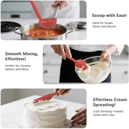 Coukre Silicone Kitchen Cooking Utensils Set, Heat Resistant, 14-Piece | Dishwasher-Safe, Food-Grade Silicone, BPA-Free, Spatulas, Spoons & Turner, Safe for Nonstick Cookware, PureRed - color: PureRed