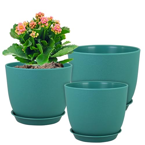WSMKSZ Large Flower Pots 12/10/9 inch, Set of 3 Modern Decorative Plastic Planters with Drainage Holes and Saucers for House Plants, Plant Pots for Indoor Outdoor Plants, Blue Green - color: Blue-green, size: 12"+10"+9"
