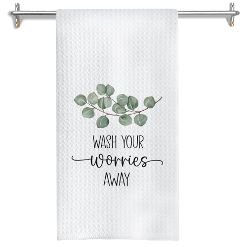 Sage Green Eucalyptus Bathroom Hand Towels, Eucalyptus Bathroom Decor, Wash Your Worries Away Funny Hand Towel for Bath Room Washroom Restroom Toilet Decor, 16x24 Inches - color: Green Eucalyptus