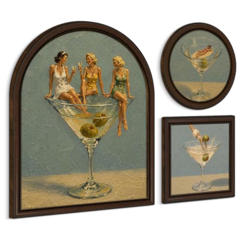 3 Pcs Vintage Martini Wall Art Sign, Framed Retro Bar Kitchen Wall Decor | Vintage Cocktail Prints for Home Bar Kitchen Dining Room - color: Martini
