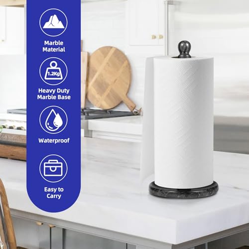 Natural Marble Paper Towel Holder for Kitchen Countertop - 2.6 lbs Heavy Duty Weighted Base for One-Handed Tearing -Fits Extra-Large & Jumbo Rolls - Elegant Modern Design with Ball Top - Black - color: Black & Grey