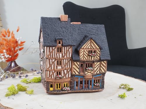 Ceramic Art Tealight Candle Holder Room Decoration Handcrafted Collectible Miniature Aroma Light House Traditional Half-Timbered Houses in The Old Town of Rennes, France B299AR*