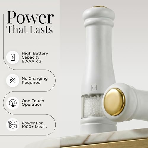 Styled Settings Electric Salt and Pepper Grinder Set, White | Automatic White and Gold Electric Salt and Pepper Shakers with Wood Base, LED Light, Battery Operated, Adjustable Coarseness - color: White