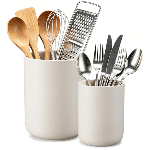Kitchen Utensil Holder, 6.3"+5.3" Ceramic Kitchen Utensil Holder for Countertop, Large Cooking Utensil Crock for Kitchen Counter, Set of 2, for Spoons, Spatulas, Utensils (White Set) - color: White Set