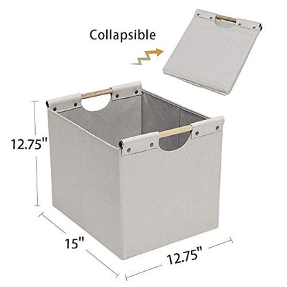 HOONEX Large Foldable Storage Bins, Linen Fabric, 2 Pack, with Wooden Carry Handles and Sturdy Heavy Cardboard, for Home, Office, Car, Nursery, Beige - color: Beige