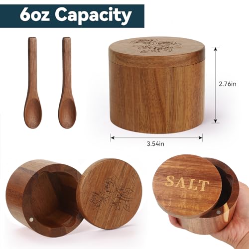 Salt Cellar, 2PCS Salt Container Acacia Wood Salt and Pepper Box for Countertop with Built-in Spoon & Swivel Lid, Wood Salt Holder Bowl for Kitchen, Seasoning Storage (Rose & SALT Engraving) - color: Acacia Wood SALT and Rose Set