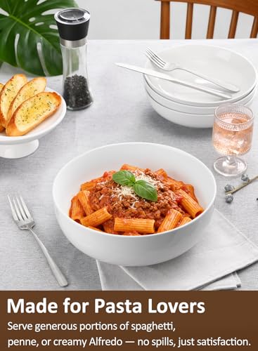 Pasta Serving Bowls 120 Ounce 9.7” Large Serving Bowls, Porcelain Salad Bowls for Kitchen, Big White Soup Bowls, Oven Dishwasher Safe, Set of 2 | Smooth Glaze, Easy-Clean, Stackable, Oven/Microwave/Dishwasher/Freezer Safe, Deep enough for Soup, Fruit, and