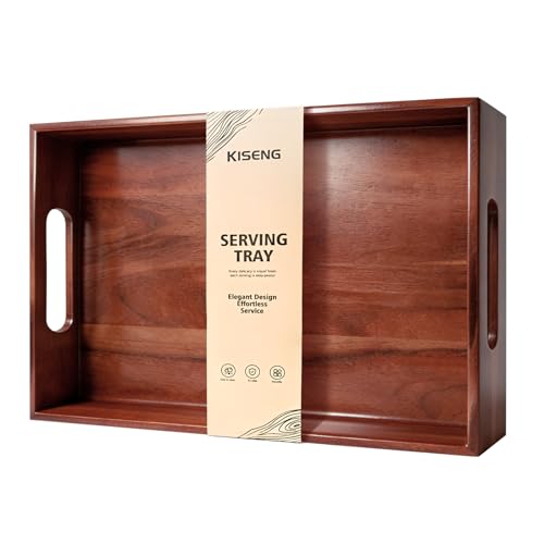 17 x 12 Inch Acacia Wood Large Serving Tray with Handles | Multi-use Tray for Coffee Table, Ottoman, Bed Breakfast, Included Free Leather Mat