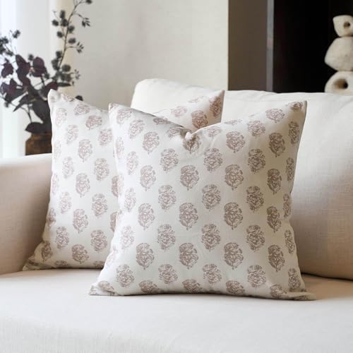 DOMVITUS Set of 2 Floral Pillow Covers 18x18, Block Print Pillow Covers Vintage Neutral Decorative Farmhouse Throw Pillow Covers for Couch Bed Living Room Light Camel - color: Light Camel, size: 18" x 18" (Pack of 2)