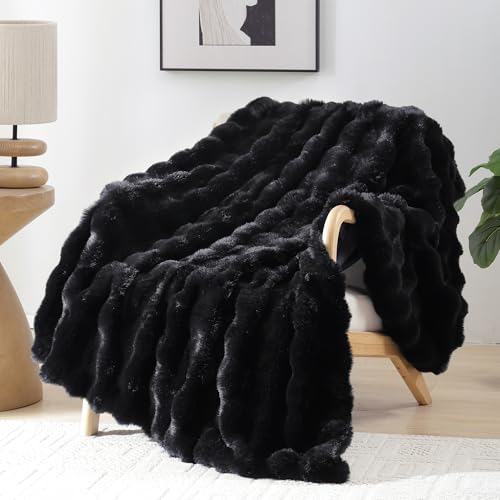 Faux Rabbit Fur Throw for Couch - Black Bubble Blanket 50"x60" | Fluffy Plush Fuzzy Throw for Sofa & Bed, Super Soft Cozy Comfrt Blanket, Luxury Aesthetic Black Decor Gift for Women - color: Black, size: Throw(50" x 60")