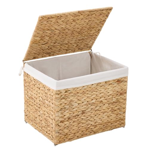 Water Hyacinth Storage Basket with Lid, 21.1 Gallon (80L) Wicker Shelf Basket with Removable Liner, Wicker Storage Basket for Blanket, for Livingroom, Bedroom, Natural - size: 19.7"L x 15.75"W x 15.75"H