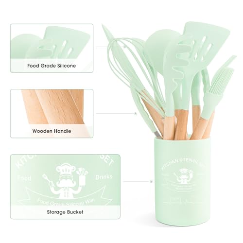 Kitchen Utensils Set Silicone Kitchen Utensils Set with Wooden Handle Utensils for Cooking Heat Resistant Silicone Non-Stick Cookware BPA FREE (Green) - color: Green