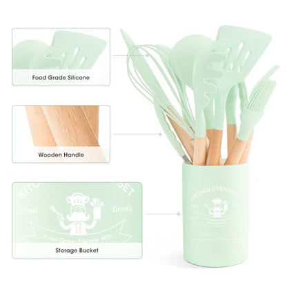 Kitchen Utensils Set Silicone Kitchen Utensils Set with Wooden Handle Utensils for Cooking Heat Resistant Silicone Non-Stick Cookware BPA FREE (Green) - color: Green