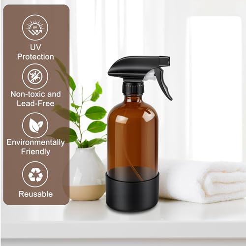 Ninsula Glass Spray Bottle with Silicone Sleeve Protection, 16 oz Amber Glass Spray Bottles, Refillable Spray Bottle Glass for Cleaning, Watering Plants, Skin Care, Plant Care, Hair Care