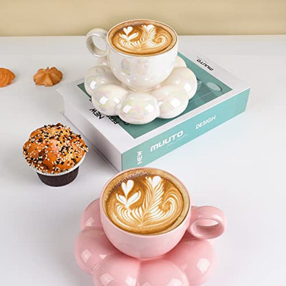 Koythin 6.5oz Sunflower Saucer Mini Ceramic Mug, Pearl White Tea Latte Cup | 200ml Small Compact Cup, Dual Safe Ceramic; Vanity Table Decor, Light Beverage Cup - color: Pearl White
