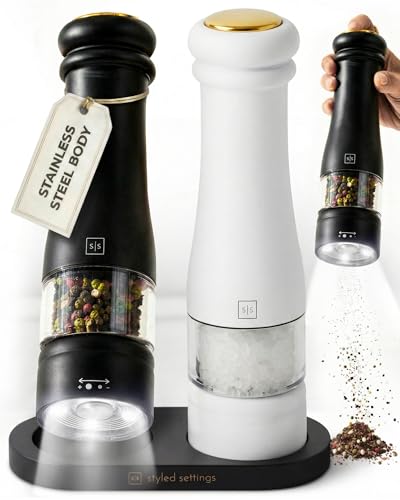 Styled Settings Electric Salt and Pepper Grinder Set, Black & white | Automatic Stainless Steel Battery Operated Salt and Pepper Mill, LED Light, Adjustable Coarseness, Wood Base - color: Black/White